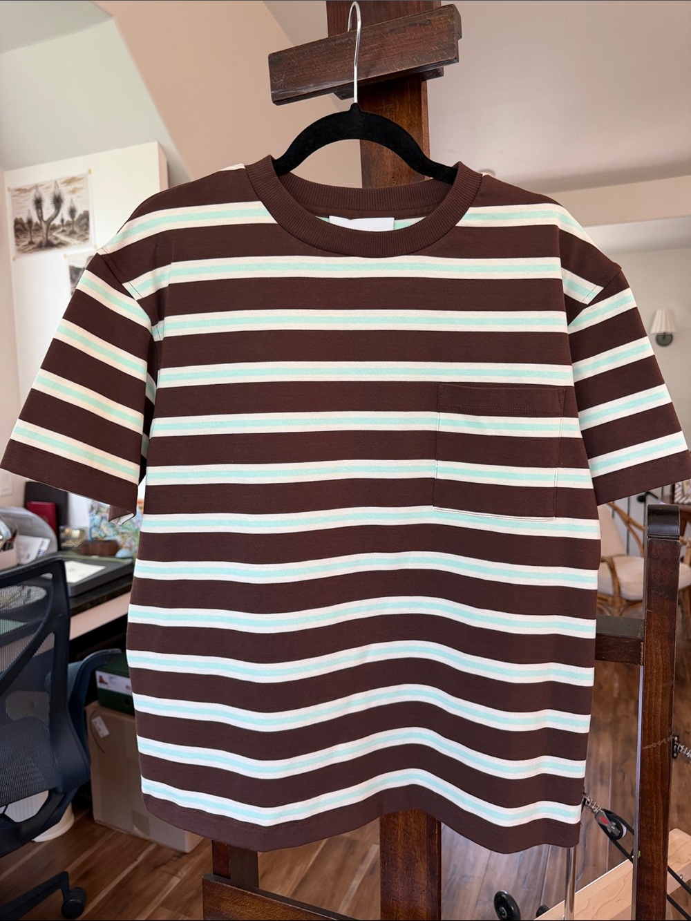 Striped Short Sleeve Crew Tee in Brown with Mint and Cream